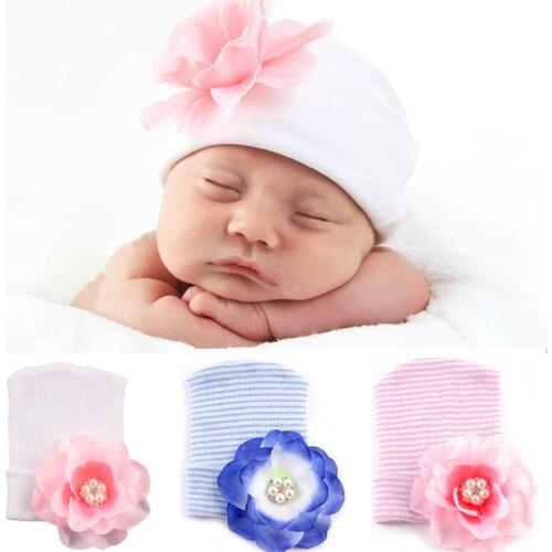 Baby Spring Hat Newborn Infant Soft Beanie Hospital Hat With Big Flower Bebe Girls Cotton Knit Beanie Striped Caps Accessories