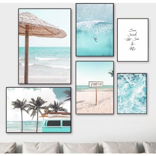 Blue Beach Surfing Van Tropical Nordic Seascape Home Posters and Prints Wall Art Canvas Painting Decor Pictures for Living Room
