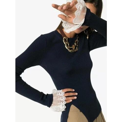 Hot Sale ! 11.10 Autumn Winter New Fashion Wool Knitted Pullover Women Flare Sleeve Round Neck Patchwork Slim Sweater Knitwear