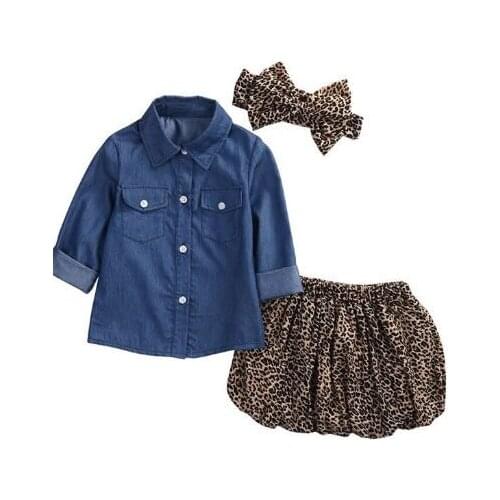3pcs Baby Girl Boy Clothes Newborn Fashion Leopard Headband + Blue Jean Shirt+Leopard Skirt Outfit Ropa de Bebe Clothing Set