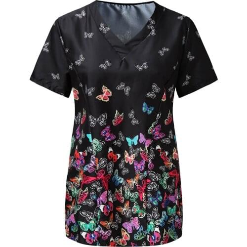 Cute Nurse Uniforms Women Enfermera T-shirts Plue Size Animal Print Pocket Casual Short Sleeve T-shirt V-neck Carer Top Workwear