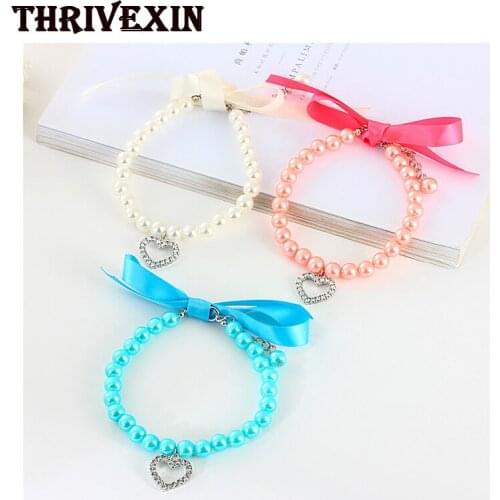 Adjustable Pearl Dog Necklace Chain Pet Supplies Cat Puppy Collar Bling Rhinestones Puppy Accessories Lovely Fashion Dog Bows