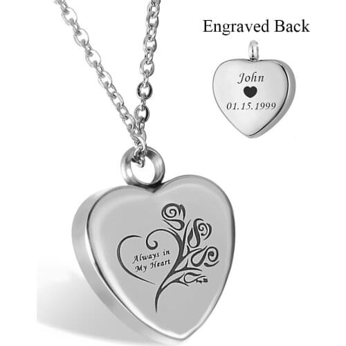 Stainless Steel Always in My Heart Cremation Jewelry Ashes Urn Necklace funeral jewelry free engraving