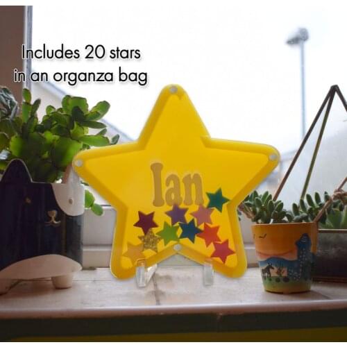 Childrens personalised rewards chart, star shape, with stand