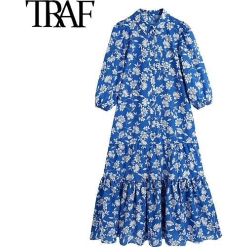 TRAF Women Chic Fashion Floral Print Ruffled Midi Dress Vintage Puff Sleeve Button-up Female Dresses Vestidos Mujer