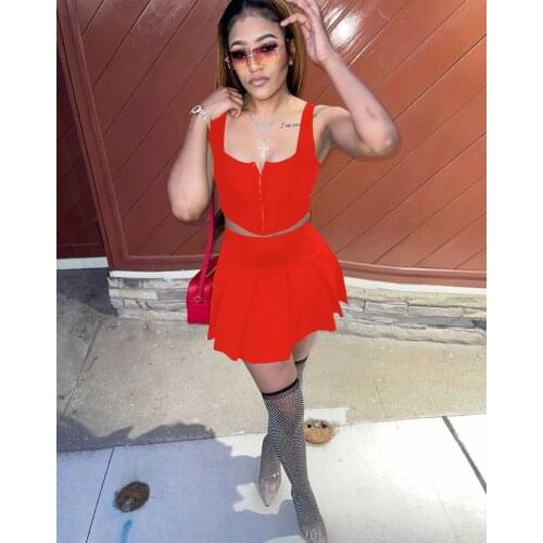 Casual Women Skirt Set Tank Top + Pleated Mini Dress Front Zipper Streetwear Tracksuit Clothes For Women Outfit