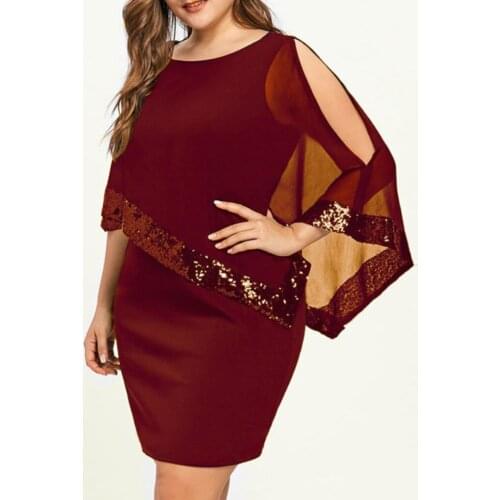 Plus Size 5xl Womens Dress Elegant Office Lady Solid Cape Bodycon Knee Length Dress Overlay Asymmetric Chiffon Sequins Dress A20