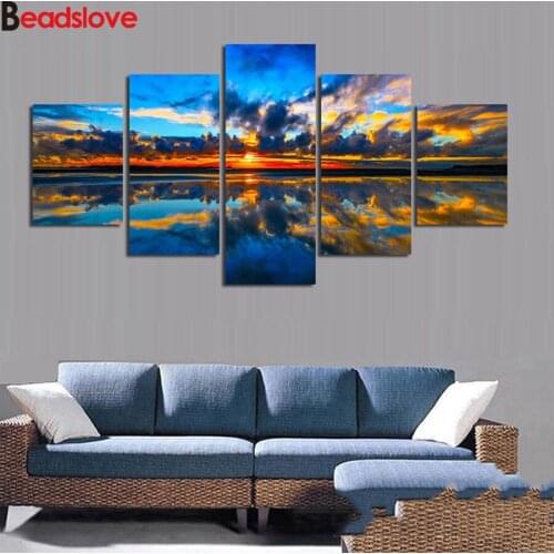 Needlework DIY Diamond Embroidery 5 Panel Sea Sunset Dusk lake sea Scenery Diamond Painting Cross Stitch Full Rhinestone Mosaic