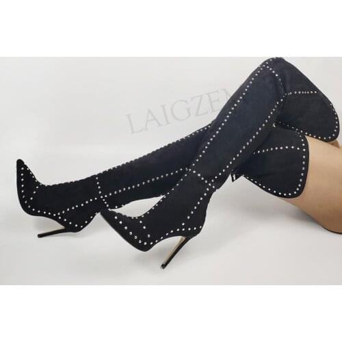 SEIIHEM SEXY Women Over Knee High Boots Black Zip Stiletto Heels Thigh High Boots Ladies Party Shoes Woman Large Size 43 44 47