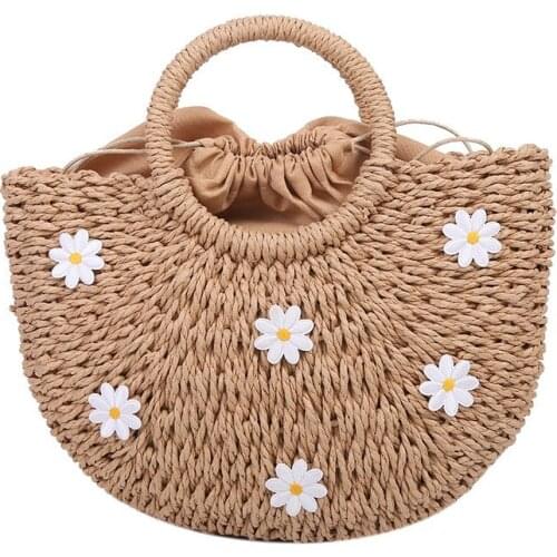 NEW Flower Decoration Handmade Straw BagLadies Wrapped Beach Bag Half Shaped Top Handle Handbag Totes Rattan Bag Womens Summer
