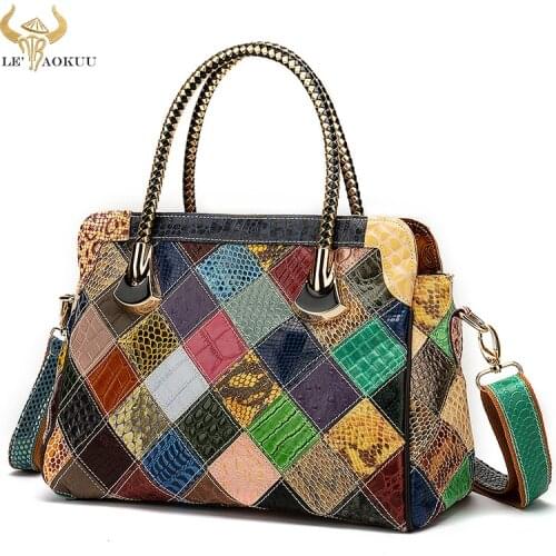 New Multi-Color Quality Real Leather Luxury Ladies Patchwork Big Shopper Handbag Shoulder bag Women Design Female Tote bag 496