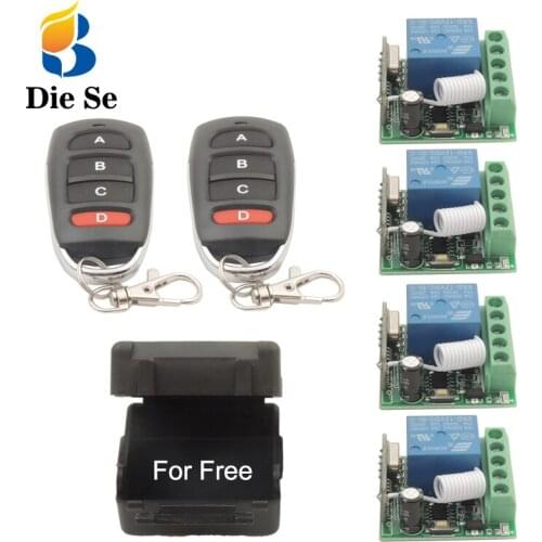 433 MHz Universal Remote Control Switch DC 12V 1 gang 1 way rf Relay Receiver and Transmitter with 4CH Independent Controls