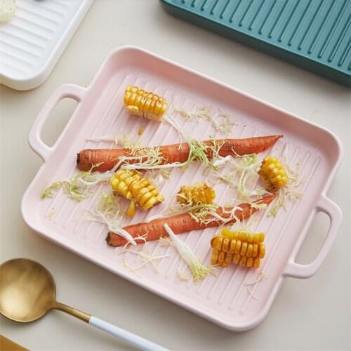 Japanese Ceramic Binaural Dinner Plate Rectangular Breakfast Plate Oven Microwave Baking Plate Household Dessert Dish Tableware