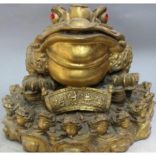 YM 320 12" Folk Chinese Brass Zhao Cai Coin FengShui Jump Money Hoptoad Toad Statue