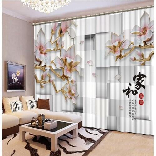 Curtain Printing Blockout Photo Drapes Fabric For Room Bedroom Three-dimensional, square magnolia 3D Curtain Classic Home Decor