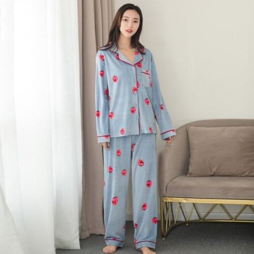 Womens Homewear 2020 Fall Pajamas Set Fresh and Sweet Casual Strawberry Printed Long Sleeve Warm Pajamas Womens Pajamas Set