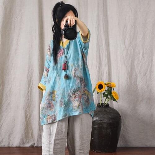 Women Loose V Neck Patchwork Ramie Blouse Long Tops Ladies Vintage Ramie Shirt Female 2021 Print Ramie Tops
