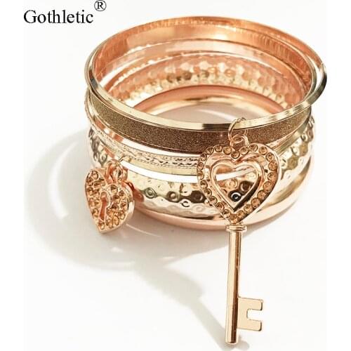 Gothletic 6pcs/Lot Gold-color Rhinestone Key Lock Charm Bangle Set Mixed Multi Pack Indian Bracelets for Women Fashion Jewelry