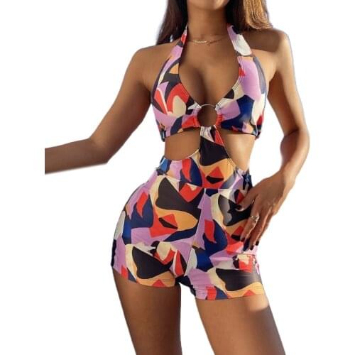H9ED Women Sexy One-Piece Swimsuit Halter O-Ring Monokini Boyleg Shorts Bathing Suit