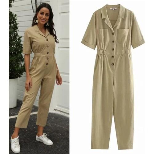 YVYVLOLO 2021 Women Chic Fashion With Pockets Button-up Jumpsuits Vintage Short Sleeve Elastic Waist Female Playsuits