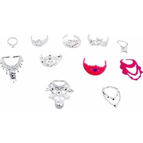 11 Pcs/Lot = 5x Cute Mini Plastic Crowns + 6x Fashion Necklaces Party Dress Up Accessories For Barbie Doll Dollhouse Toys