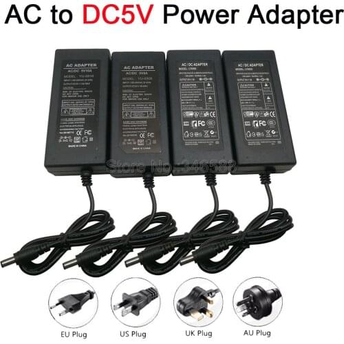 110V 220V AC to DC 5V Power Supply AC-DC Adapter 5V 5A 6A 8A 10A Desktop Power Charger with US/EU/UK/AU Plug Cable for 5V Strips