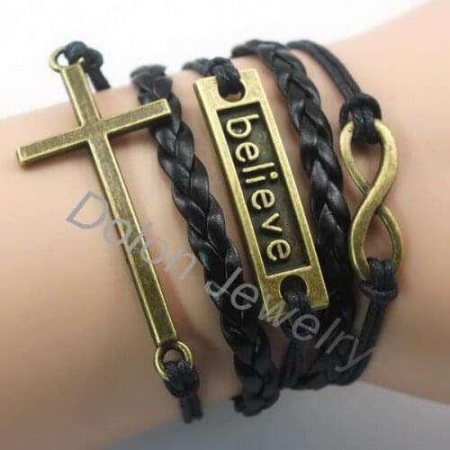 Antique Bronze Metal Charm Bracelet Bangle Wrapped by Infinity believe and Cross Bracelet Religious Jewelry