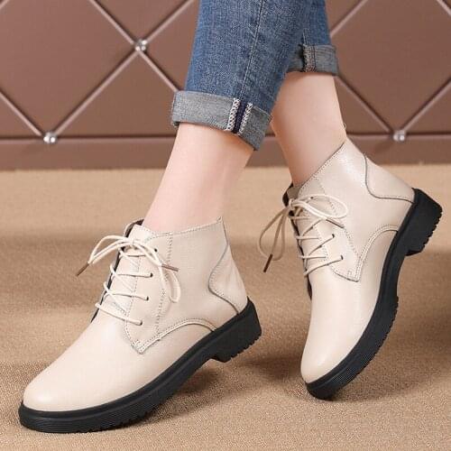 Genuine Leather Boots Women Autumn Winter Shoes High Quality Oxford Ankle Boots Female Lace Up Platform Boots White Black 41