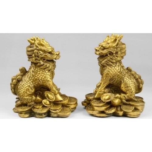 China Pure Brass Fengshui Yuanbao Wealth Kirin Unicorn kylin Chi Lin Statue Pair