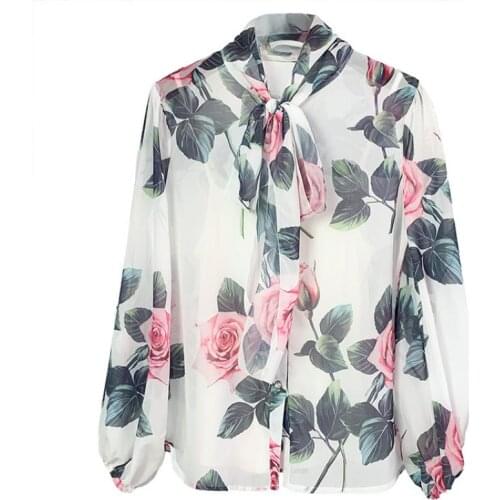 Getspring Printed Womens Shirt Bow Tie Retro Casual Printed Womens Long Sleeve Chiffon Shirt Full Flower Top