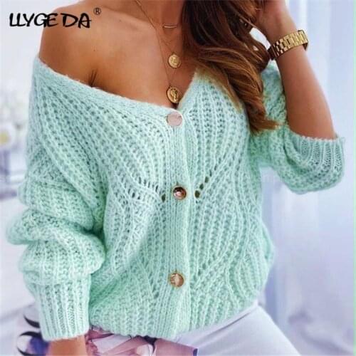 Knitted V-neck Womens Sweater Hollow Out Drop Shoulder Long Sleeve Cardigan For Women 2021 Autumn Winter Loose Sweaters Woman