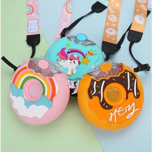 380ml Creative Donut Water Bottle with Straw Kawaii LeakProof Children Girl Water Cup with Rope Portable Travel School Drink Cup