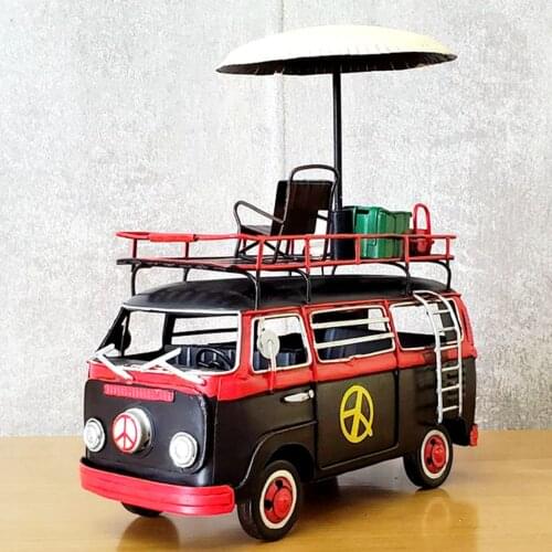 Camping Bus Model Car Decoration Access Ironwork Crafts Handmade Works Collection Handicraft Decorations Gifts Nostalgic(Small)