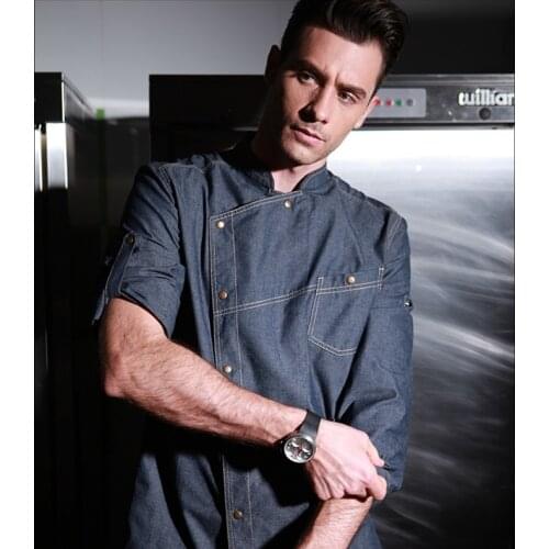 Fashion hote restaurant kitchen long sleeve thin denim jean chef jacket for man with adjustable sleeves