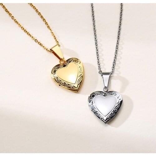 Fashion Love Necklace Pendant for Women Gold-color Stainless Steel Romantic Openable Photo Box O Chain Heart Jewelry Engraving