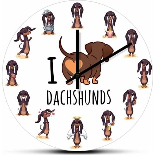 Cartoon I Love Dachshund Modern Design Wall Clock Sausage Dog Childrens Room Art Wiener Dog Decorative Silent Quartz Wall Watch