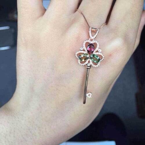 Natural red coral pendant S925 silver Natural multicolor tourmaline Pendant Necklace trendy Clover key women wedding jewelry