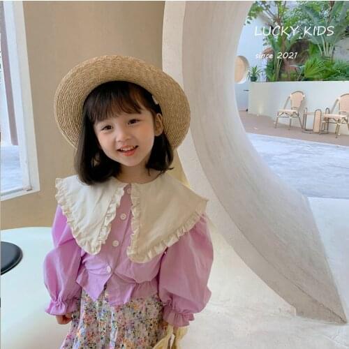 2021 Spring New Girl Shirt Big V-neck French Puff Sleeve Short Top Baby Girl Korean Style Long Sleeve Shirt Kids Cute Blouse Tee