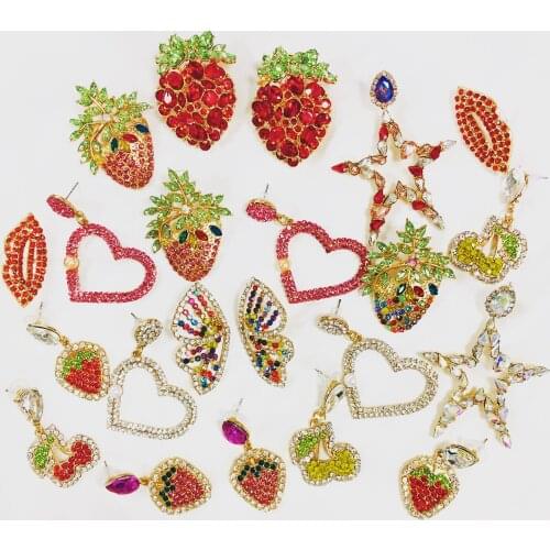 Wholesale JUJIA Trendy Cute Drop Earrings Party Women Crystal Earrings Statement Strawberry Big Earrings Jewelry