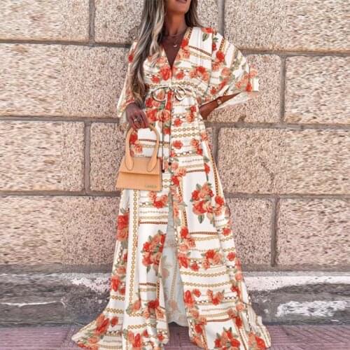 Spring Elegant Deep V Neck Printing Hem Maxi Dresses Women Casual Button Elastic Waist Long Party Dress Loose Slit Beach Dress