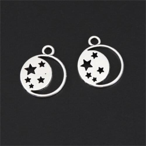 20Pcs Silver Color Round Shaped Moon Star Charms Starry sky Pendant Making Necklaces Ornaments Jewelry Supplies 21x18mm A3299