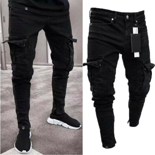 Richkeda Store New 2021 Men Biker Ripped Long Denim Trousers Skinny Jeans Pants Destroyed Stretchy-Black Pants