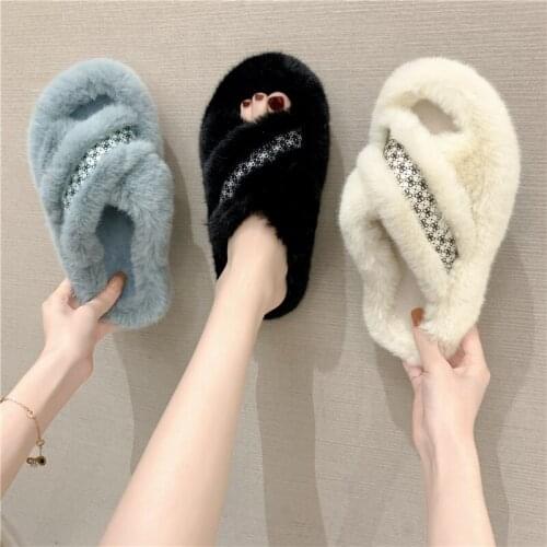 RALSWNAY Large Size 42 Cross Design Slippers Women Shoes Warm Winter Flip Flops Flat Heel Home Indoor Plush Womens Furry Shoes