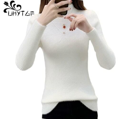 UHYTGF Autumn Winter Thick Knitted Sweater High collar Women Pullover Long sleeve Imitation Mink Wool Sweater Woman Sweaters 920