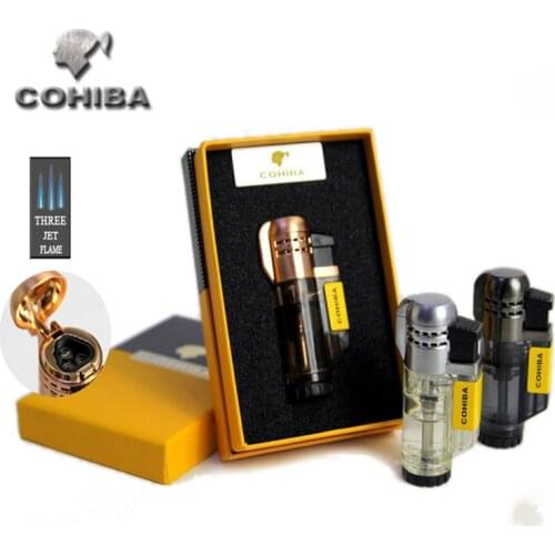 COHIBA Windproof Powerful Triple Torch Lighter BBQ Jet Gas Cigar Lighter Turbo Metal Kitchen Cigar Spray Gun Outdoor Gadgets Man