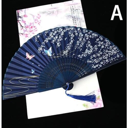 Summer Chinese Style Vintage Silk Flower Printing Hand Held Fan Folding Hollow Carved Wedding Dance Party Home Supplies Gift