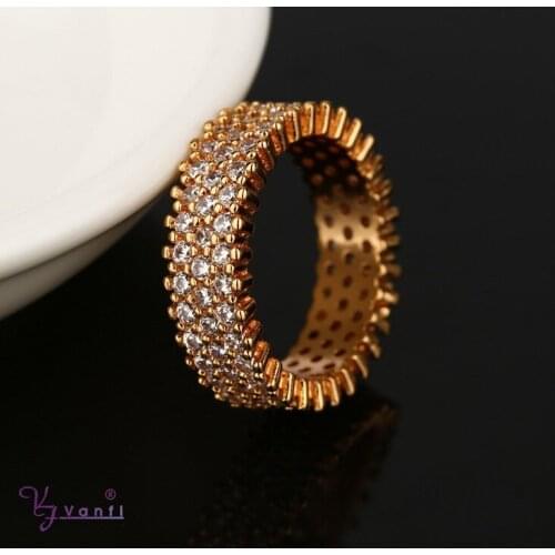 High Quality Classic Copper Brass 3 Row AAA Cubic Zirconia Jewelry Gold Color Wedding Ring for Women Ladies