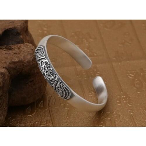 Solid 999 Sterling Silver lotus flower Pray Women Retro Cuff Bangle Bracelet jewelry A4606