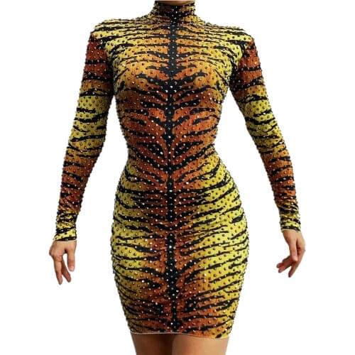 Fashion Tiger Print Rhinestone Party Bodycon Dress Women Long Sleeve Stretch Club Prom Mini Dress Dancer Sheath Dress Stage Wear