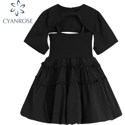 Gothic Women Dress Set Black 2021 Summer French Vintage Fungus Edges Black Suspender Mini Dress With Super Short Shawl Female